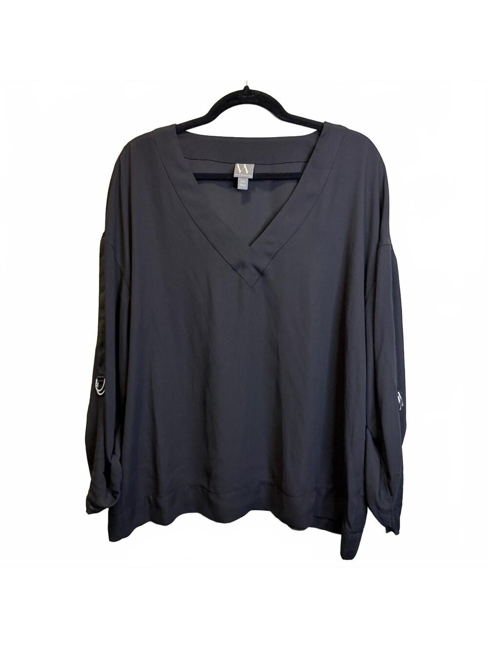 Worthington XXL Black V Neck Roll Tab Sleeve Work Blouse